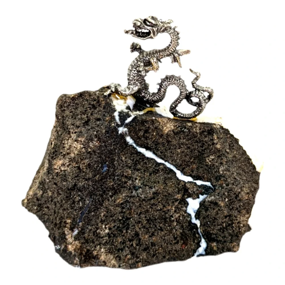 Vintage Pewter Dragon On Quartz Crystal Black Rock White Veining